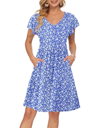 AUSELILY Damen Sommerkleid Rüschen Kurzarm Elegante V-Ausschnitt Kleider Swing Knielanges A-Linie Freizeit Strandkleid Gestuftes Kleider mit Tasche Blau Weiße Blüten L von AUSELILY