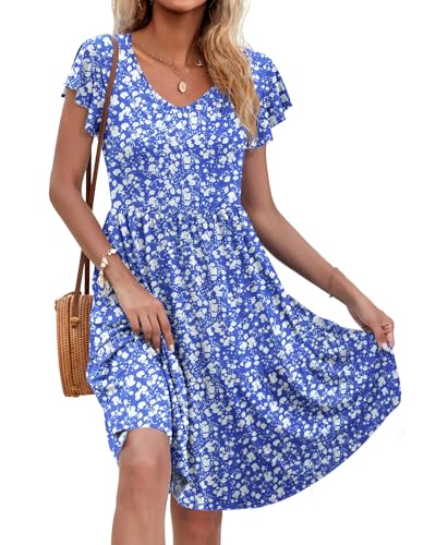 AUSELILY Damen Sommerkleid Rüschen Kurzarm Elegante V-Ausschnitt Kleider Swing Knielanges A-Linie Freizeit Strandkleid Gestuftes Kleider mit Tasche Blau Weiße Blüten M von AUSELILY