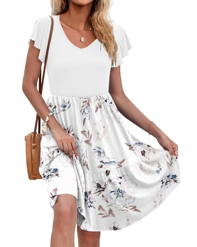 AUSELILY Damen Sommerkleid Rüschen Kurzarm Elegante V-Ausschnitt Kleider Swing Knielanges A-Linie Freizeit Strandkleid Gestuftes Kleider mit Tasche Blumiges Weiß S von AUSELILY