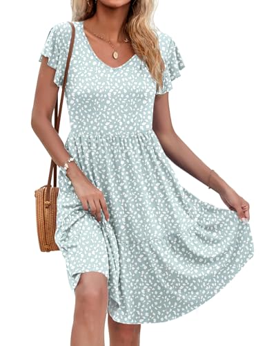 AUSELILY Damen Sommerkleid Rüschen Kurzarm Elegante V-Ausschnitt Kleider Swing Knielanges A-Linie Freizeit Strandkleid Gestuftes Kleider mit Tasche Boho Blumengrün 2XL von AUSELILY