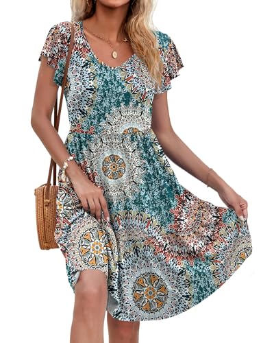 AUSELILY Damen Sommerkleid Rüschen Kurzarm Elegante V-Ausschnitt Kleider Swing Knielanges A-Linie Freizeit Strandkleid Gestuftes Kleider mit Tasche Druck Grün L von AUSELILY