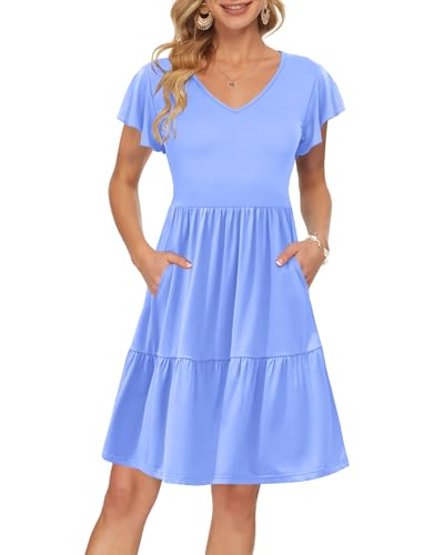 AUSELILY Damen Sommerkleid Rüschen Kurzarm Elegante V-Ausschnitt Kleider Swing Knielanges A-Linie Freizeit Strandkleid Gestuftes Kleider mit Tasche Himmelblau L von AUSELILY