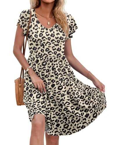 AUSELILY Damen Sommerkleid Rüschen Kurzarm Elegante V-Ausschnitt Kleider Swing Knielanges A-Linie Freizeit Strandkleid Gestuftes Kleider mit Tasche Leopard XL von AUSELILY