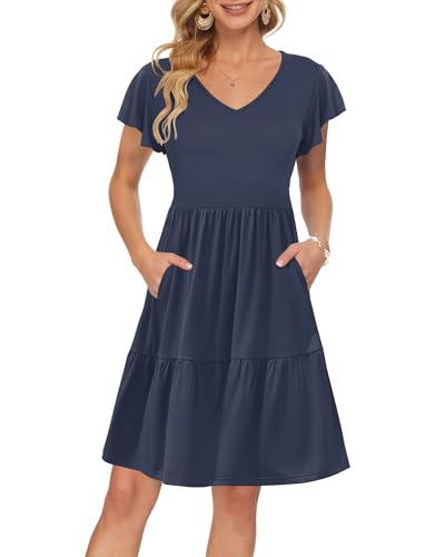 AUSELILY Damen Sommerkleid Rüschen Kurzarm Elegante V-Ausschnitt Kleider Swing Knielanges A-Linie Freizeit Strandkleid Gestuftes Kleider mit Tasche Marineblau 2XL von AUSELILY
