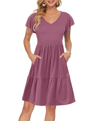 AUSELILY Damen Sommerkleid Rüschen Kurzarm Elegante V-Ausschnitt Kleider Swing Knielanges A-Linie Freizeit Strandkleid Gestuftes Kleider mit Tasche Mauve M von AUSELILY