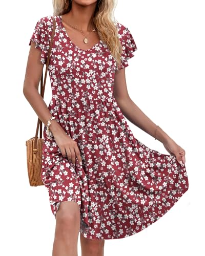 AUSELILY Damen Sommerkleid Rüschen Kurzarm Elegante V-Ausschnitt Kleider Swing Knielanges A-Linie Freizeit Strandkleid Gestuftes Kleider mit Tasche Rote Blumen M von AUSELILY