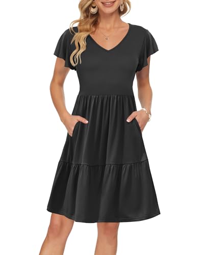 AUSELILY Damen Sommerkleid Rüschen Kurzarm Elegante V-Ausschnitt Kleider Swing Knielanges A-Linie Freizeit Strandkleid Gestuftes Kleider mit Tasche Schwarz L von AUSELILY