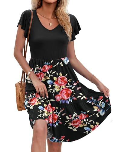 AUSELILY Damen Sommerkleid Rüschen Kurzarm Elegante V-Ausschnitt Kleider Swing Knielanges A-Linie Freizeit Strandkleid Gestuftes Kleider mit Tasche Schwarze Rose Schwarz L von AUSELILY