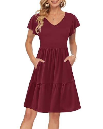 AUSELILY Damen Sommerkleid Rüschen Kurzarm Elegante V-Ausschnitt Kleider Swing Knielanges A-Linie Freizeit Strandkleid Gestuftes Kleider mit Tasche Weinrot 2XL von AUSELILY