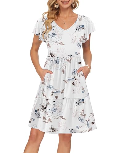 AUSELILY Damen Sommerkleid Rüschen Kurzarm Elegante V-Ausschnitt Kleider Swing Knielanges A-Linie Freizeit Strandkleid Gestuftes Kleider mit Tasche Weiße Blumen S von AUSELILY