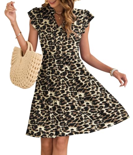 AUSELILY Damen Sommerkleid V-Ausschnitt Kleider Rüschen Ärmel Minikleid Elastische Taille Freizeitkleid mit Taschen Brauner Leopard M von AUSELILY