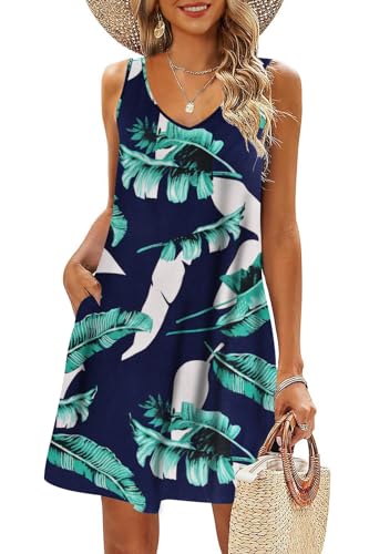 AUSELILY Sommerkleid Damen Leicht Strandkleid Elegant Swing Kleid V Ausschnitt Ärmellose Mini Kleid mit Taschen Blau drucken XL von AUSELILY