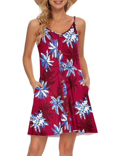 AUSELILY Damen Spaghettiträger Kleider Sommer Strandkleid Kurz V Ausschnitt Trägerkleid Leicht Mit Taschen Sommerkleid Knielang Für Frauen(Burgunder-Kokosnuss,L) von AUSELILY