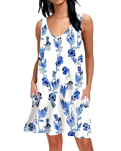 AUSELILY Damen Strandkleid Blaue Blume Weiß L von AUSELILY