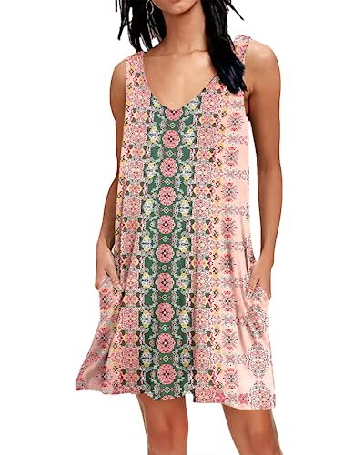 AUSELILY Kleid Damen Leicht Sommerkleid Knielang Elegant Swing Kleid V Ausschnitt Ärmellose Boho Mini Kleid mit Taschen Boho Rosa Blume XL von AUSELILY