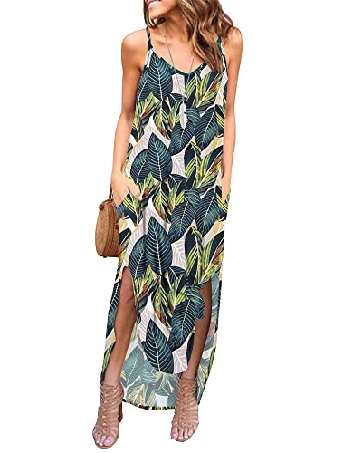 AUSELILY Damen Strandkleid Lange Grün Sommer Maxikleid Casual Ärmelloses V-Ausschnitt Sommerkleid Lange Blumendruck Cami Freizeitkleid Split Kleid Maxi mit Taschen Tropischer Blatt Drucken S von AUSELILY