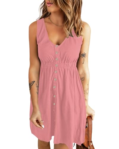 AUSELILY Damen Strandkleid Niedliches Sommerkleid mit Taschen Pink L von AUSELILY