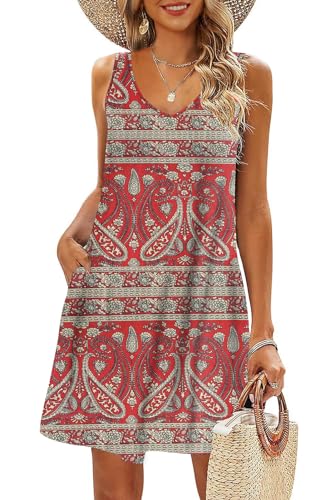 AUSELILY Strandkleid Damen Leicht Sommerkleid Knielang Elegant Festliche Kleider V Ausschnitt Ärmellose Boho Kleid mit Taschen Boho Floral Rot S von AUSELILY