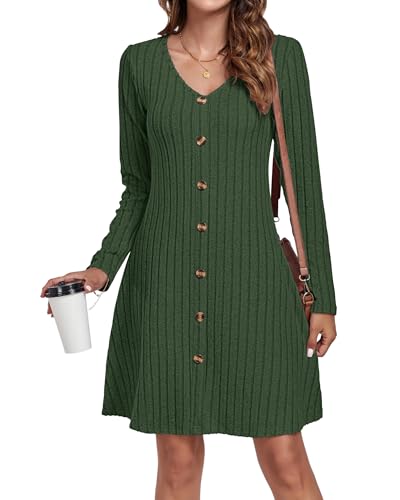 AUSELILY Strickkleid Damen Herbst Winter Dekorative KnöPfe Leichte Langarm Kleid V-Ausschnitt A Linien Pulloverkleid Herbstkleid Winterkleid Elegant Dunkelgrün M von AUSELILY