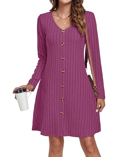 AUSELILY Strickkleid Damen Herbst Winter Dekorative KnöPfe Leichte Langarm Kleid V-Ausschnitt A Linien Pulloverkleid Herbstkleid Winterkleid Elegant Rosenrot 2XL von AUSELILY
