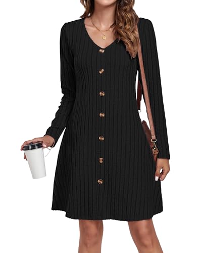 AUSELILY Strickkleid Damen Herbst Winter Dekorative KnöPfe Leichte Langarm Kleid V-Ausschnitt A Linien Pulloverkleid Herbstkleid Winterkleid Elegant Schwarz XL von AUSELILY