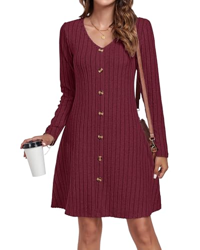 AUSELILY Damen Strickkleid Dekorative Knöpfe Leichte Langarm Herbst Winter Kleid V-Ausschnitt A Linien Pulloverkleid Kleider Weinrot M von AUSELILY