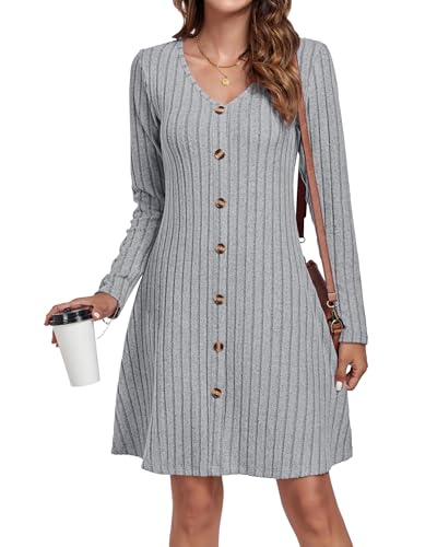 AUSELILY Strickkleid Damen Herbst Winter Dekorative KnöPfe Leichte Langarm Kleid V-Ausschnitt A Linien Pulloverkleid Herbstkleid Winterkleid Elegant Weißgrau 2XL von AUSELILY