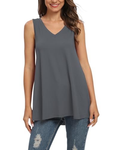 AUSELILY Damen Tshirt V Ausschnitt Ärmellos Lässig Oberteile Sommer Basic Casual Top(L,Grau) von AUSELILY