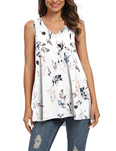 AUSELILY Damen Tshirt V Ausschnitt Ärmellos Lässig Oberteile Sommer Basic Casual Top(XXL,Weiße Blume) von AUSELILY