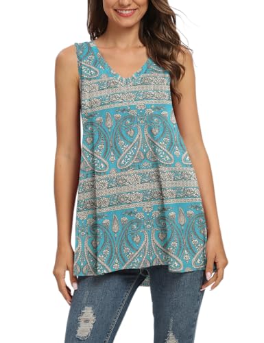 AUSELILY Damen Tshirt V Ausschnitt Ärmellos Lässig Oberteile Sommer Basic Casual Top Lose Weste (Böhmen Grün,XL) von AUSELILY