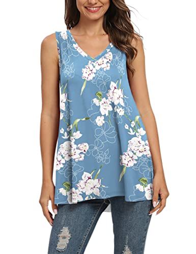 AUSELILY Damen Tshirt V Ausschnitt Ärmellos Lässig Oberteile Sommer Basic Top(M,Hellblaue Blume) von AUSELILY