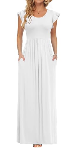 AUSELILY Damen Weiß Kleid mit Taschen Lässiges Lockeres Sommer Rundhalsausschnitt Kurzarm Strandkleid Abendkleider Lang L von AUSELILY