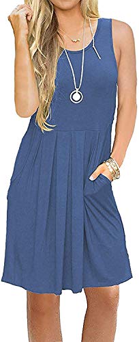 AUSELILY Damen ärmelloses Plissee Loose Swing reizeitkleid mit knielangen Taschen(Beja Blue,S) von AUSELILY