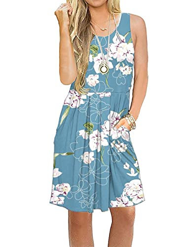 AUSELILY Damen ärmelloses Plissee Loose Swing reizeitkleid mit knielangen Taschen(Hellblaue Blume,S) von AUSELILY