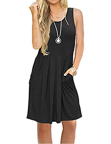 AUSELILY Damen ärmelloses Plissee Loose Swing reizeitkleid mit knielangen Taschen(Schwarz,M) von AUSELILY