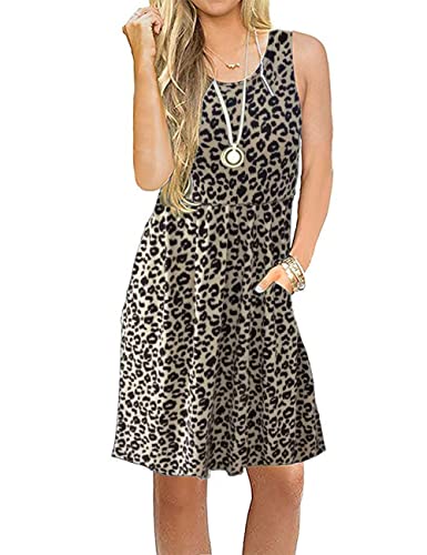 AUSELILY Damen ärmelloses Plissee Loose Swing reizeitkleid mit knielangen Taschen(Leopard,XL) von AUSELILY