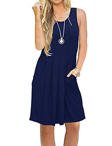 AUSELILY Damen ärmelloses Plissee Loose Swing reizeitkleid mit knielangen Taschen(Marine Blau,L) von AUSELILY