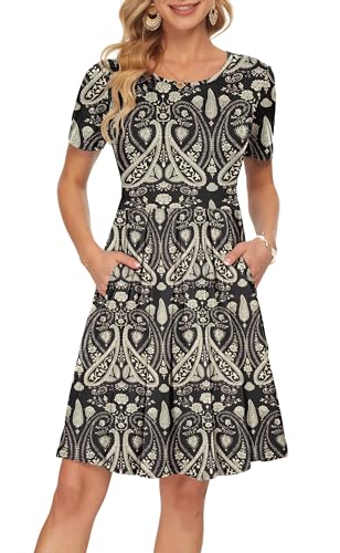 AUSELILY Freizeitkleid Damen Kleider Sommerkleid Kurzarm Plissee Loose Swing mit Knielangen Taschen Boho Floral Schwarz M von AUSELILY