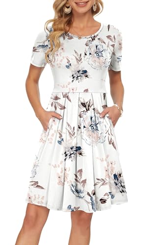 AUSELILY Freizeitkleid Damen Kleider Sommerkleid Kurzarm Plissee Loose Swing mit Knielangen Taschen Weiße Blumen L von AUSELILY
