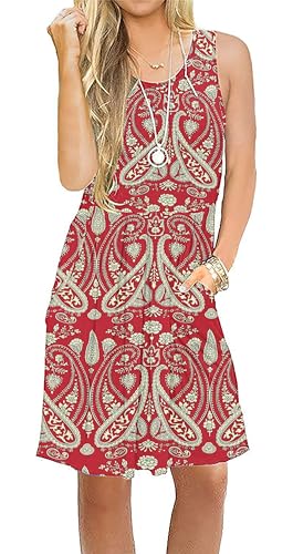 AUSELILY Freizeitkleid Damen ärmellose Plissee Loose Swing reizeitkleid mit knielangen Taschen Boho Floral Rot 2XL von AUSELILY