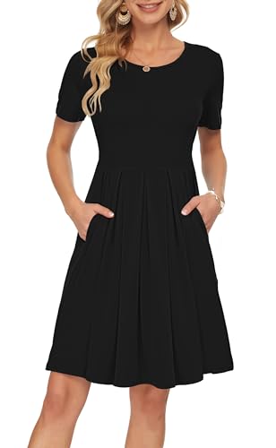 AUSELILY Freizeitkleider Damen Schwarz Kurzarm Plissee Loose Swing Freizeitkleid mit Taschen Knielang 2XL von AUSELILY