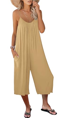 AUSELILY Jumpsuit Damen Sommer Ärmellos Overall Damen Sommer Locker V Ausschnitt Romper Lässig Weites Bein Hosenanzug Playsuit mit Taschen Leicht und Luftig Braun Khaki M von AUSELILY