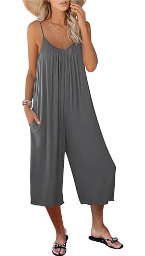 AUSELILY Jumpsuit Damen Sommer Ärmellos Overall Damen Sommer Locker V Ausschnitt Romper Lässig Weites Bein Hosenanzug Playsuit mit Taschen Leicht und Luftig Grau L von AUSELILY