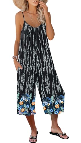 AUSELILY Jumpsuit Damen Sommer Ärmellos Overall Damen Sommer Locker V Ausschnitt Romper Weites Bein Hosenanzug Playsuit Onepiece-outfit mit Taschen Schwarzblaue Blume L von AUSELILY