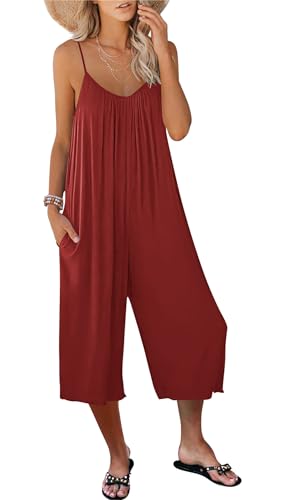 AUSELILY Jumpsuit Damen Sommer Sexy Spaghetti-Träger Overall Damen Somme V Ausschnitt Romper Weites Bein Hosenanzug Playsuit mit Taschen Weinrot L von AUSELILY