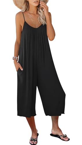 AUSELILY Jumpsuit Schwarz Damen Sommer Ärmellos Overall Damen Sommer Locker V Ausschnitt Romper Weites Bein Hosenanzug Playsuit mit Taschen L von AUSELILY