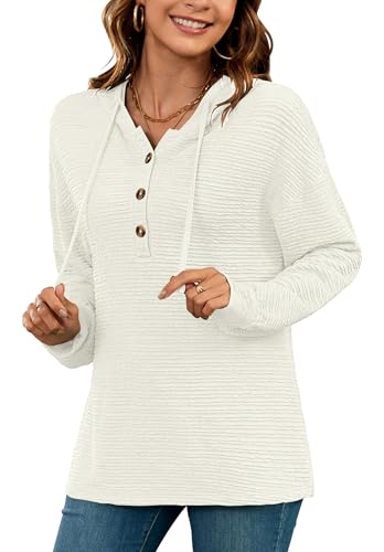 AUSELILY Kapuzenpullover für Damen Hoodie Langarm Oversize Henley Einfarbig Drawstring Pullover mit Kapuze Aprikose XL von AUSELILY