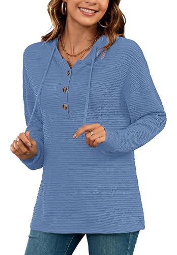 AUSELILY Kapuzenpullover für Damen Hoodie Langarm Oversize Henley Einfarbig Drawstring Pullover mit Kapuze Blau XL von AUSELILY