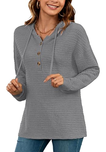 AUSELILY Kapuzenpullover für Damen Hoodie Langarm Oversize Henley Einfarbig Drawstring Pullover mit Kapuze Grau 2XL von AUSELILY