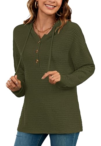 AUSELILY Kapuzenpullover für Damen Hoodie Langarm Oversize Henley Einfarbig Drawstring Pullover mit Kapuze Grün XL von AUSELILY